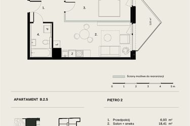 Rzut - Mieszkanie na sprzedaż 2 pokoje o powierzchni 43,95 m² - numer B/2/5 w Ogrodowa 12