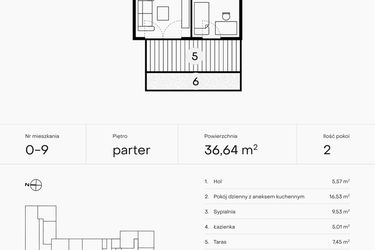 Rzut - Mieszkanie na sprzedaż 2 pokoje o powierzchni 36,64 m² - numer 0-9 w Pączka 1