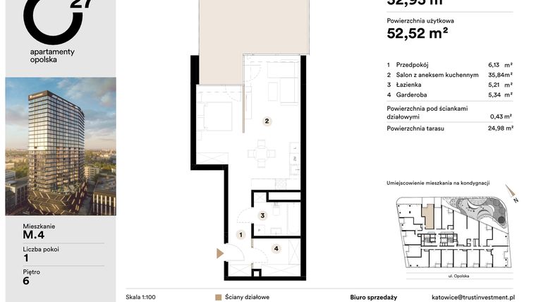 Rzut - Mieszkanie na sprzedaż 1 pokój o powierzchni 52,95 m² - numer M.4 w O27 Apartamenty Opolska