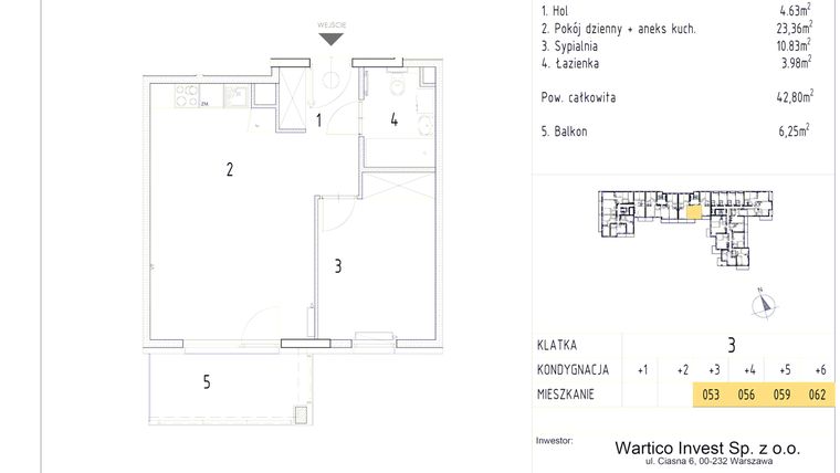 Rzut - Mieszkanie na sprzedaż 2 pokoje o powierzchni 42,8 m² - numer 56 w Racławickie 28A