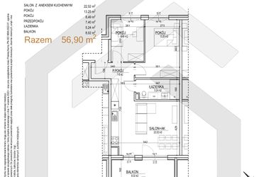Rzut - Mieszkanie na sprzedaż 3 pokoje o powierzchni 56,9 m² - numer S.02.32 w Sobieskiego 29