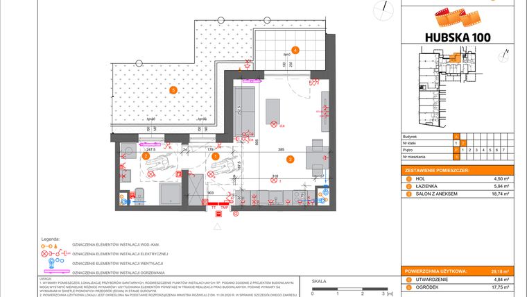 Rzut - Mieszkanie na sprzedaż 1 pokój o powierzchni 29,18 m² - numer 5 w Hubska 100 etap 2