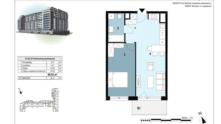 Rzut - Mieszkanie na sprzedaż 2 pokoje o powierzchni 46,53 m² - numer 07.K2.10 w Langiewicza 37