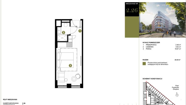 Rzut - Mieszkanie na sprzedaż 1 pokój o powierzchni 22,68 m² - numer 226 w Y3 Signature Hotel
