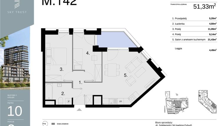 Rzut - Mieszkanie na sprzedaż 3 pokoje o powierzchni 51,33 m² - numer M142 w Sky Trust etap II