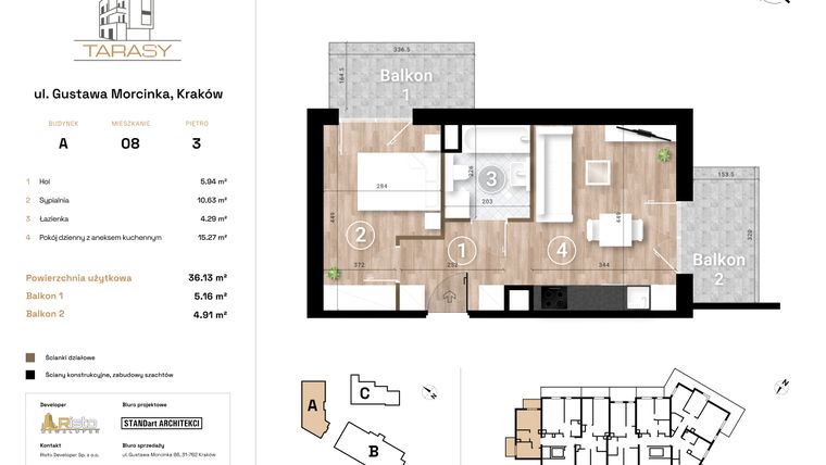Rzut - Mieszkanie na sprzedaż 2 pokoje o powierzchni 36,13 m² - numer A8 w Krzesławickie Tarasy