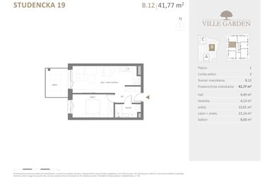 Rzut - Mieszkanie na sprzedaż 2 pokoje o powierzchni 41,77 m² - numer B.12 w Ville Garden