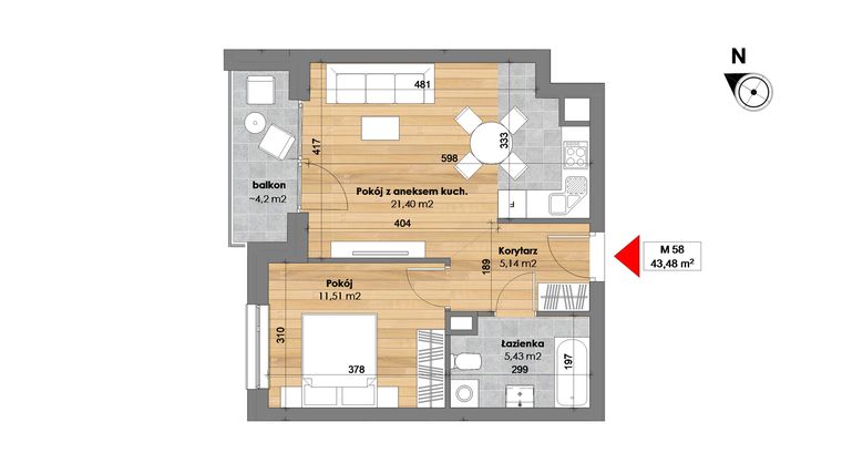 Rzut - Mieszkanie na sprzedaż 2 pokoje o powierzchni 43,48 m² - numer M58 w Przy Kochanowskiego