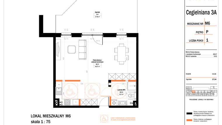 Rzut - Mieszkanie na sprzedaż 1 pokój o powierzchni 54,08 m² - numer 6 w Osiedle StaLove etap II