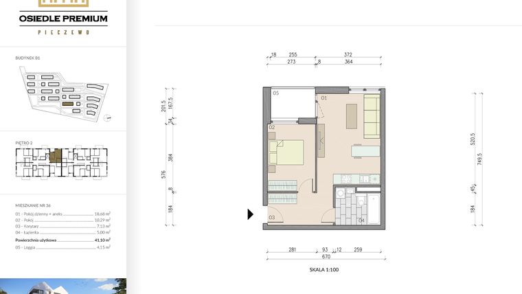 Rzut - Mieszkanie na sprzedaż 2 pokoje o powierzchni 41,1 m² - numer B1.36 w Osiedle Premium etap IV