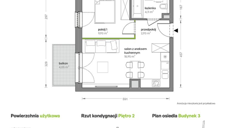 Rzut - Mieszkanie na sprzedaż 2 pokoje o powierzchni 35,92 m² - numer B3/B/23 w Ceglana Park