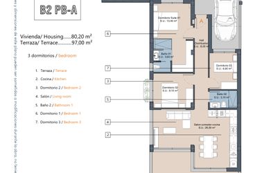 Rzut - Mieszkanie na sprzedaż 3 pokoje o powierzchni 80,2 m² - numer 2.0.A w LA Sunrise - Los Alcázares
