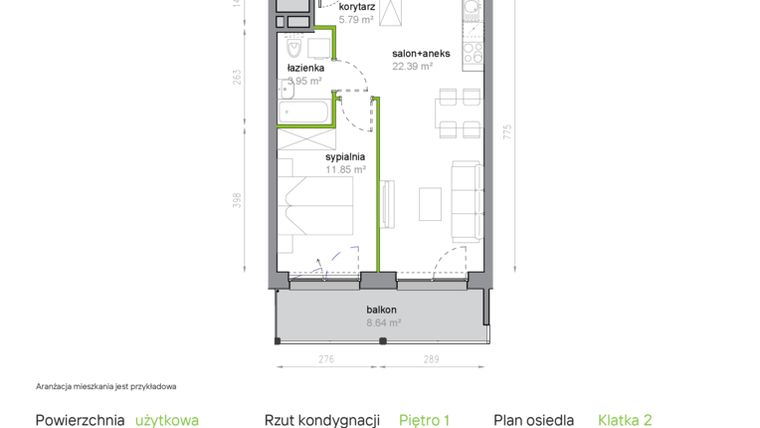 Rzut - Mieszkanie na sprzedaż 2 pokoje o powierzchni 43,98 m² - numer K2/1/02 w Piękna Vita