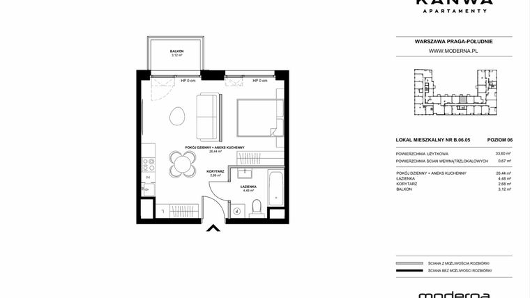 Rzut - Mieszkanie na sprzedaż 2 pokoje o powierzchni 33,6 m² - numer B.06.05 w KANWA