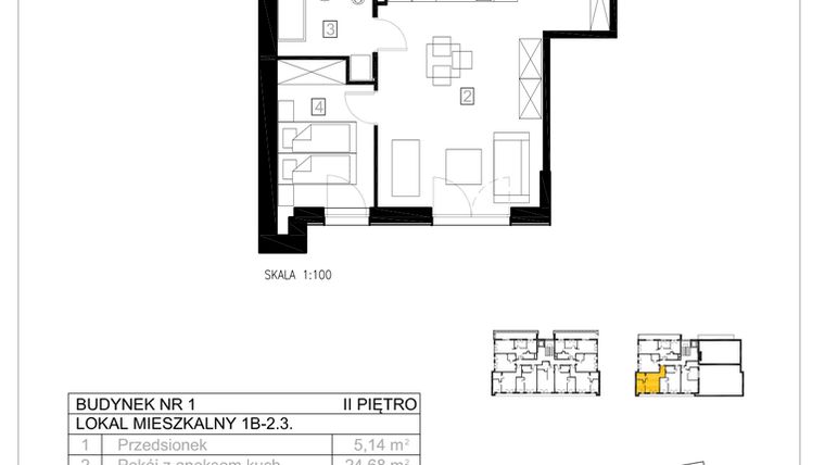 Rzut - Mieszkanie na sprzedaż 2 pokoje o powierzchni 43,52 m² - numer 1B-2.3 w Gardenia Pogodno