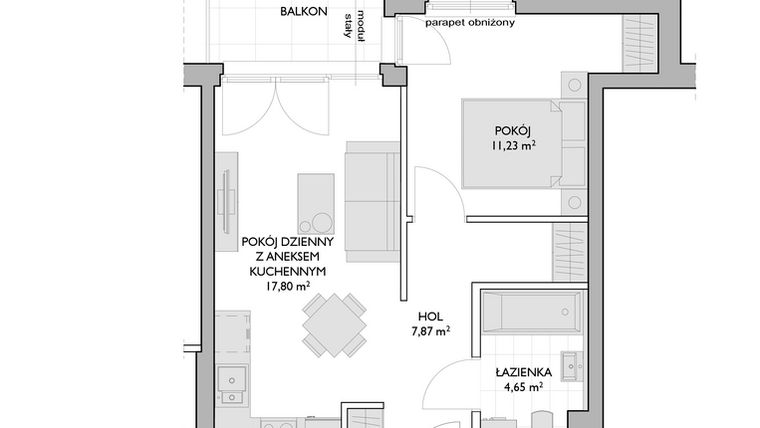 Rzut - Mieszkanie na sprzedaż 2 pokoje o powierzchni 41,55 m² - numer WO/P3/26 w Wiszące Ogrody