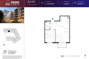 Rzut - Mieszkanie na sprzedaż 1 pokój o powierzchni 60,88 m² - numer A.3.19 w Piano