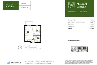 Rzut - Mieszkanie na sprzedaż 2 pokoje o powierzchni 43,35 m² - numer 2.B.2.02 w Murapol EcoOne