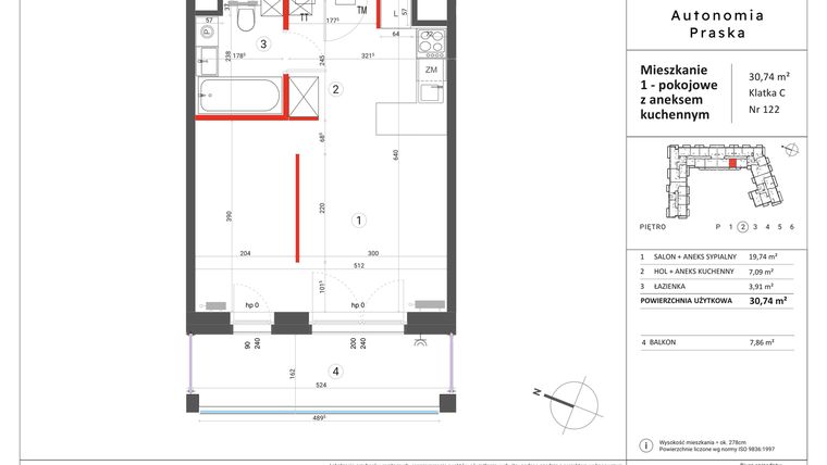 Rzut - Mieszkanie na sprzedaż 1 pokój o powierzchni 30,74 m² - numer 122 w Autonomia Praska