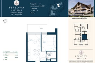 Rzut - Mieszkanie na sprzedaż 2 pokoje o powierzchni 34,65 m² - numer B1/001 w Perłowa Przystań - Szklarska Poręba