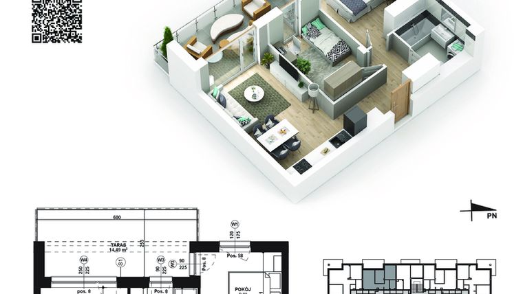 Rzut - Mieszkanie na sprzedaż 3 pokoje o powierzchni 50,16 m² - numer 49 w Piano Park etap V