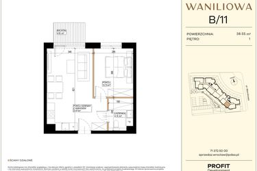 Rzut - Mieszkanie na sprzedaż 2 pokoje o powierzchni 38,55 m² - numer WA2/B/11 w Waniliowa