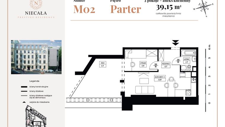 Rzut - Mieszkanie na sprzedaż 2 pokoje o powierzchni 39,15 m² - numer 2 w Niecała Prestige Residence