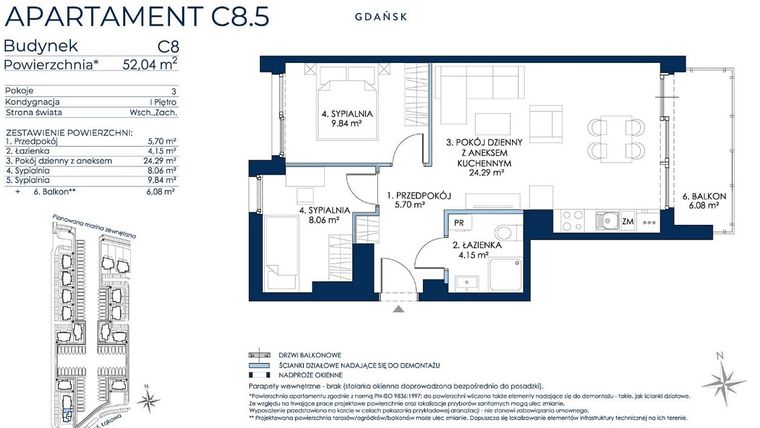 Rzut - Mieszkanie na sprzedaż 3 pokoje o powierzchni 51,19 m² - numer C8.5 w Sol Marina etap III