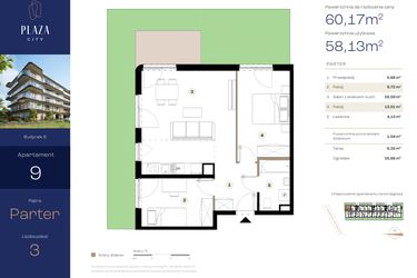 Rzut - Mieszkanie na sprzedaż 3 pokoje o powierzchni 60,17 m² - numer B6M9 w Plaza City