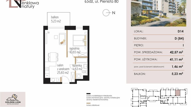 Rzut - Mieszkanie na sprzedaż 2 pokoje o powierzchni 42,57 m² - numer D14 w Enklawa Natury