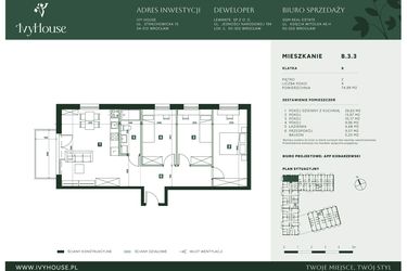Rzut - Mieszkanie na sprzedaż 4 pokoje o powierzchni 74,99 m² - numer B.3.3 w IVY HOUSE