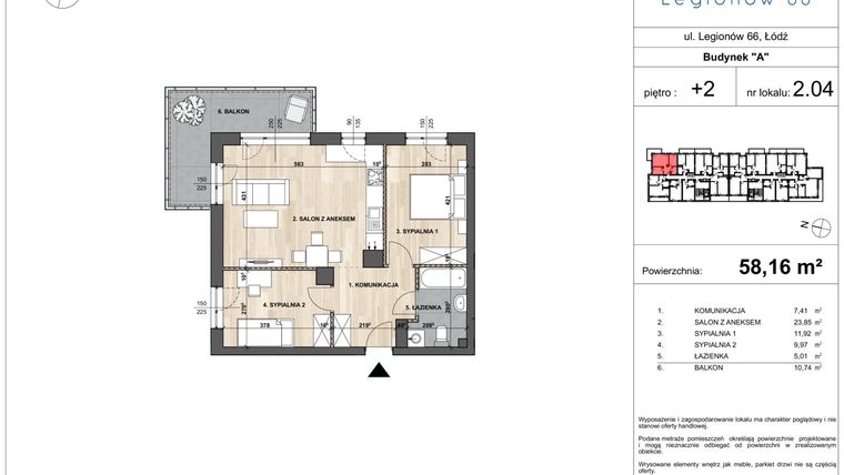 Rzut - Mieszkanie na sprzedaż 3 pokoje o powierzchni 58,16 m² - numer A 2.04 w Legionów 66 - Etap III