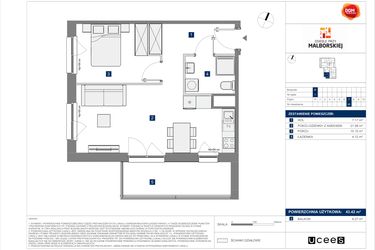 Rzut - Mieszkanie na sprzedaż 2 pokoje o powierzchni 43,42 m² - numer B.48 w Osiedle przy Malborskiej II