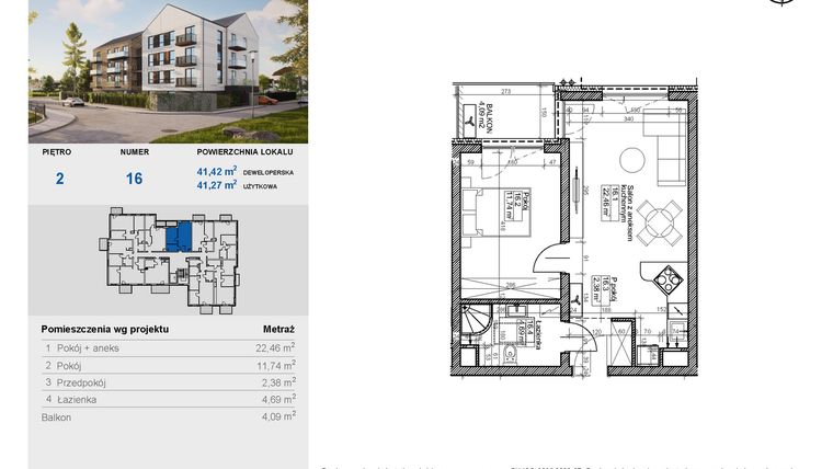 Rzut - Mieszkanie na sprzedaż 2 pokoje o powierzchni 41,27 m² - numer 16 w Balantia