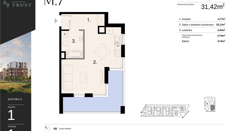 Rzut - Mieszkanie na sprzedaż 1 pokój o powierzchni 32,18 m² - numer D - M.7 w Dzielnica Trust - etap I