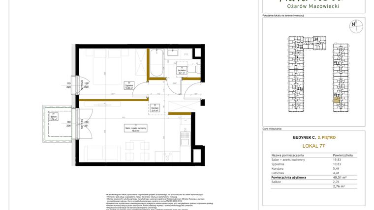 Rzut - Mieszkanie na sprzedaż 2 pokoje o powierzchni 40,51 m² - numer 77 w Aura Nova etap II