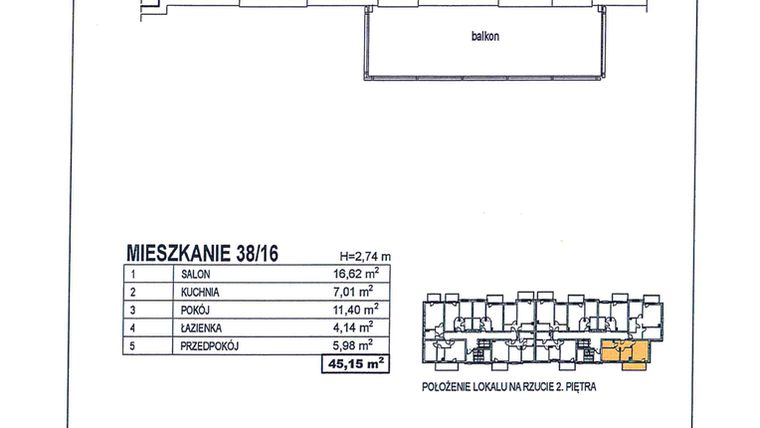 Rzut - Mieszkanie na sprzedaż 2 pokoje o powierzchni 45,15 m² - numer 38/16 w Osiedle Jodłowa bud. D
