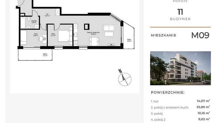 Rzut - Mieszkanie na sprzedaż 3 pokoje o powierzchni 64 m² - numer M09 w Łepkowskiego 11