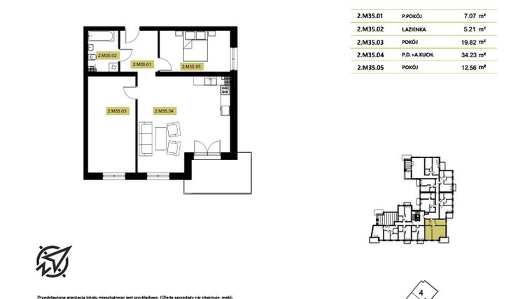 Rzut - Mieszkanie na sprzedaż 2 pokoje o powierzchni 37,95 m² - numer 2M35 w Stary Browar bud. 2