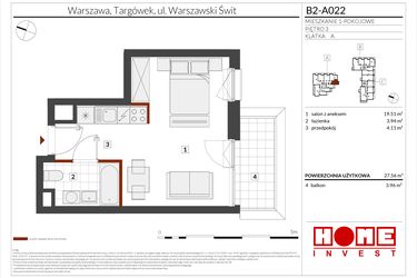 Rzut - Mieszkanie na sprzedaż 1 pokój o powierzchni 27,56 m² - numer B2-A022 w Warszawski Świt etap IX