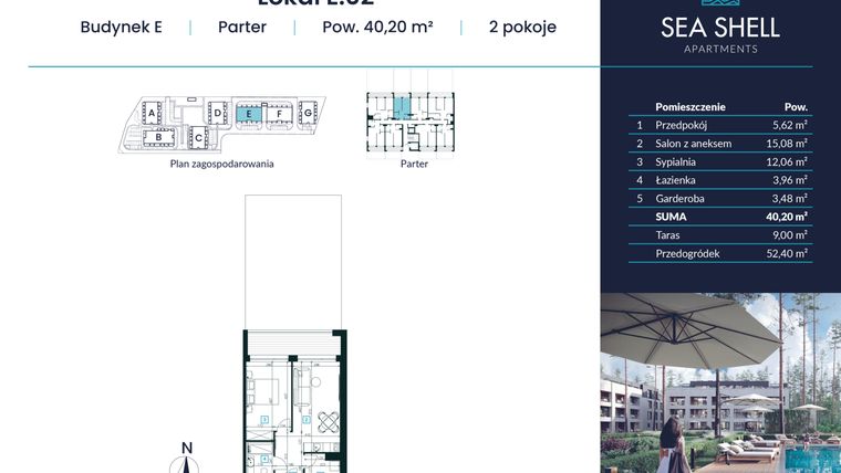 Rzut - Mieszkanie na sprzedaż 2 pokoje o powierzchni 40,2 m² - numer E.02 w Magiczny Łukęcin