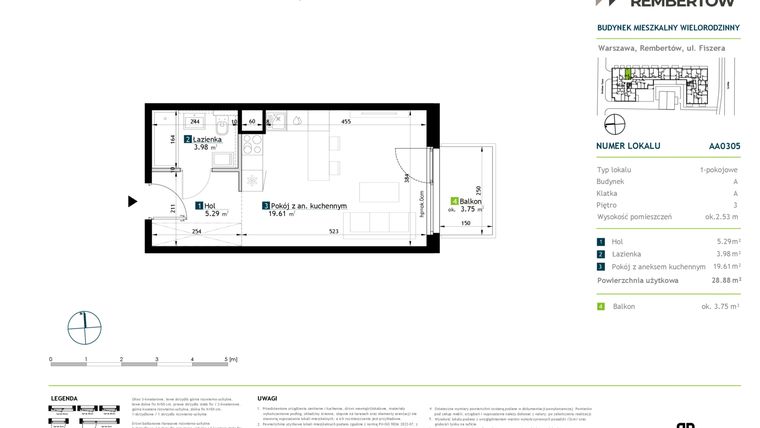 Rzut - Mieszkanie na sprzedaż 1 pokój o powierzchni 28,88 m² - numer AA0305 w Stacja Rembertów
