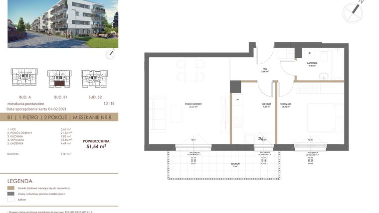 Rzut - Mieszkanie na sprzedaż 2 pokoje o powierzchni 51,54 m² - numer B1-08 w Fleminga