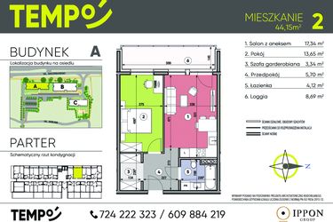 Rzut - Mieszkanie na sprzedaż 2 pokoje o powierzchni 44,15 m² - numer A2 w Osiedle TEMPO