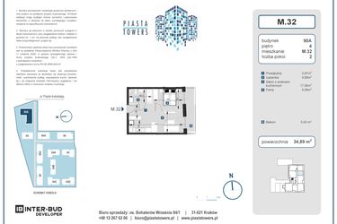 Rzut - Mieszkanie na sprzedaż 2 pokoje o powierzchni 34,89 m² - numer 32 w Piasta Towers bud. 90A