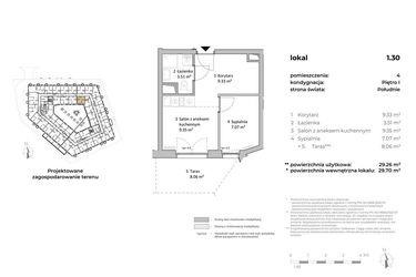 Rzut - Mieszkanie na sprzedaż 1 pokój o powierzchni 29 m² - numer 1.30 w OVAL SKY