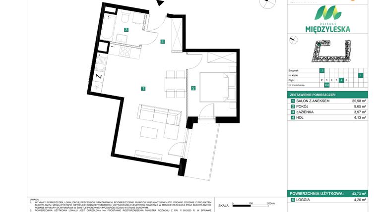 Rzut - Mieszkanie na sprzedaż 2 pokoje o powierzchni 43,73 m² - numer 205 w Osiedle Międzyleska - etap II