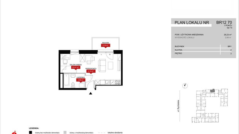 Rzut - Mieszkanie na sprzedaż 1 pokój o powierzchni 29,23 m² - numer BR12/70 w Browary Wrocławskie 2