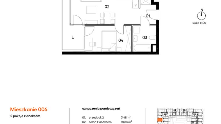 Rzut - Mieszkanie na sprzedaż 2 pokoje o powierzchni 38,11 m² - numer A006 w Miasto Polskich Mistrzów Olimpijskich