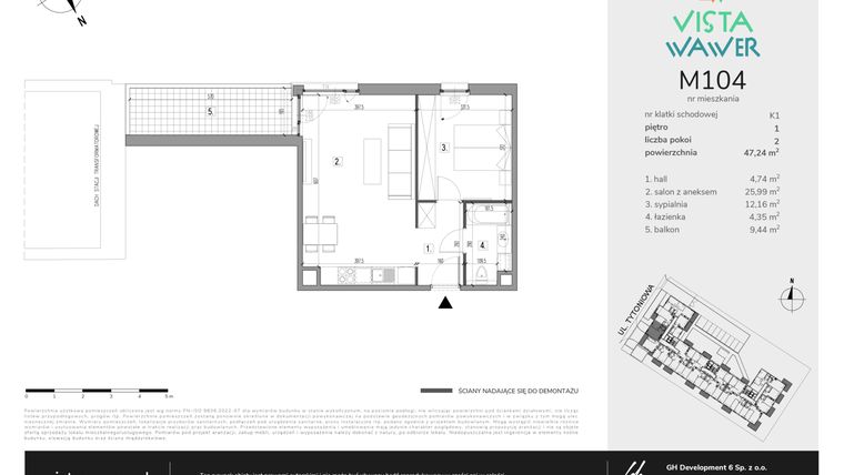 Rzut - Mieszkanie na sprzedaż 2 pokoje o powierzchni 47,24 m² - numer M104 w Vista Wawer